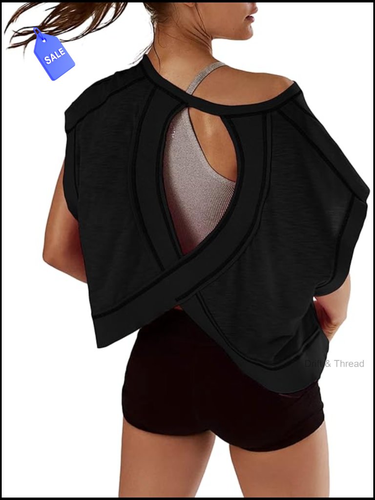 Open Back Crop Top Short Sleeve Workout Tee Athletic Gym Casual Yoga